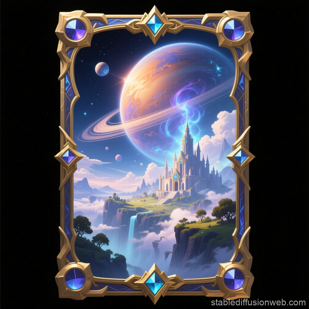 Fantasy Castle with Planetary Sky in Ornate Game Card Frame
