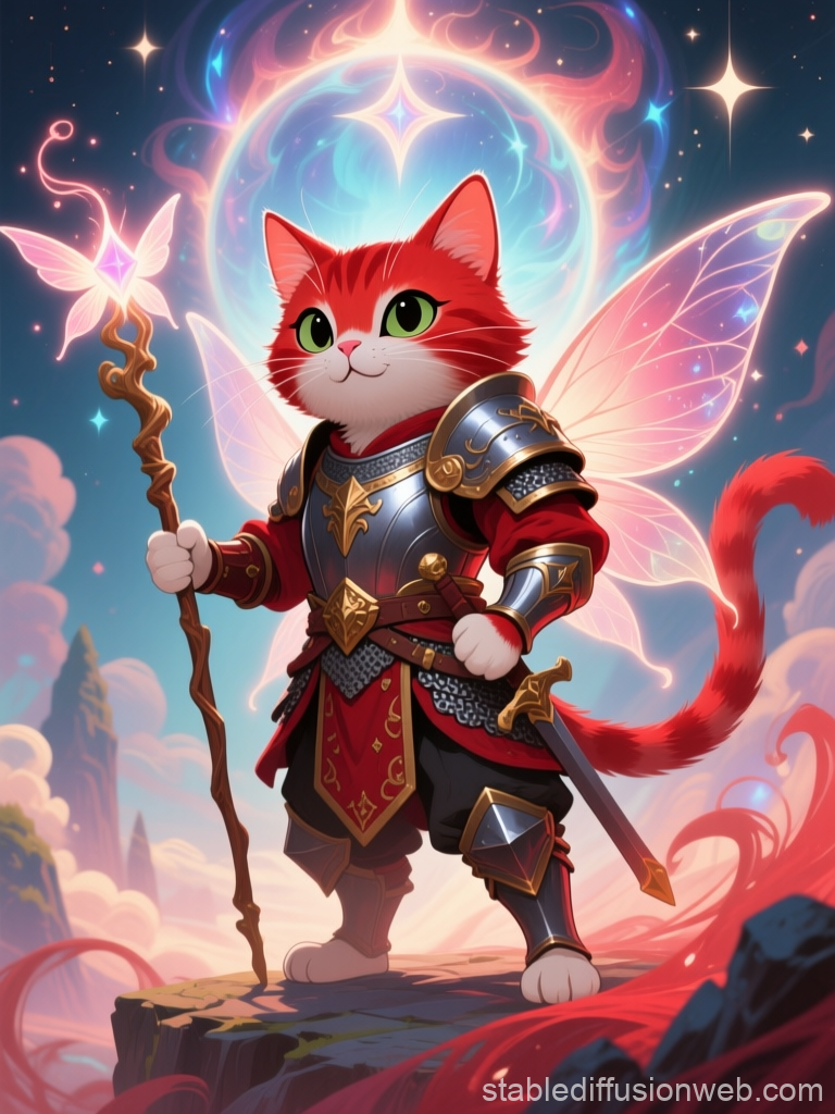 Fantasy Cat Warrior with Magical Staff and Wings