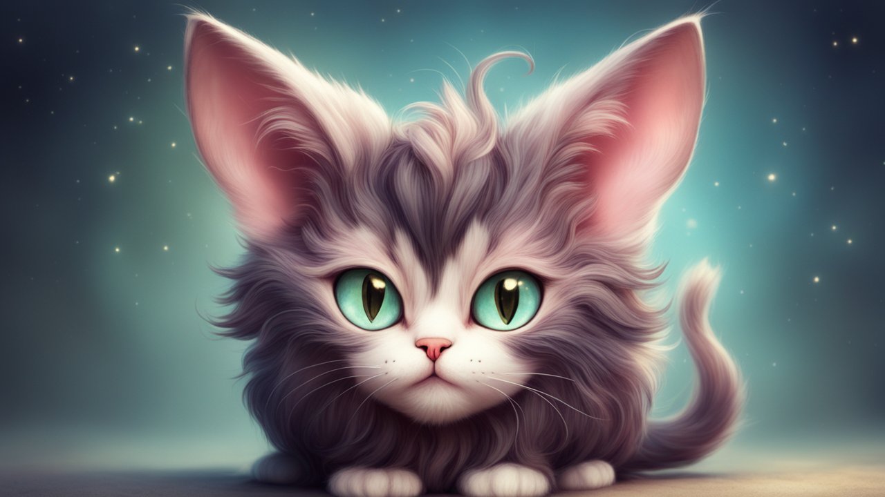 Fantasy Cat with Large Green Eyes and Fluffy Fur