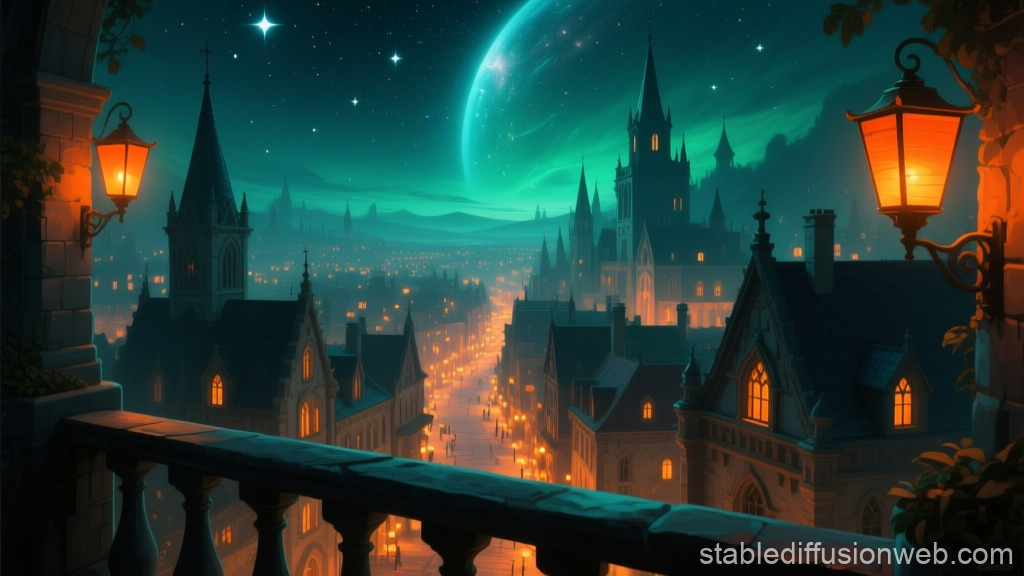 Fantasy Cityscape Viewed from a Balcony at Night