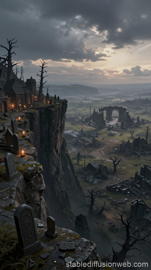 Fantasy Cliffside Battlefield at Sunset