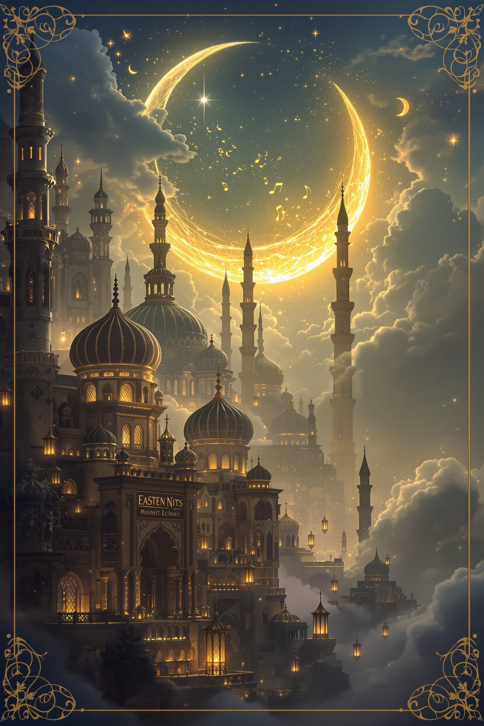 Fantasy Eastern Cityscape Under Glowing Crescent Moon