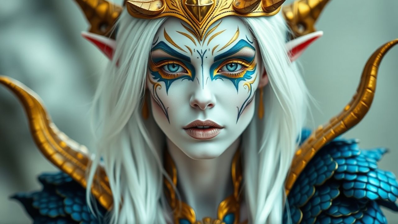 Fantasy Elf Queen with Intricate Face Paint and Golden Armor