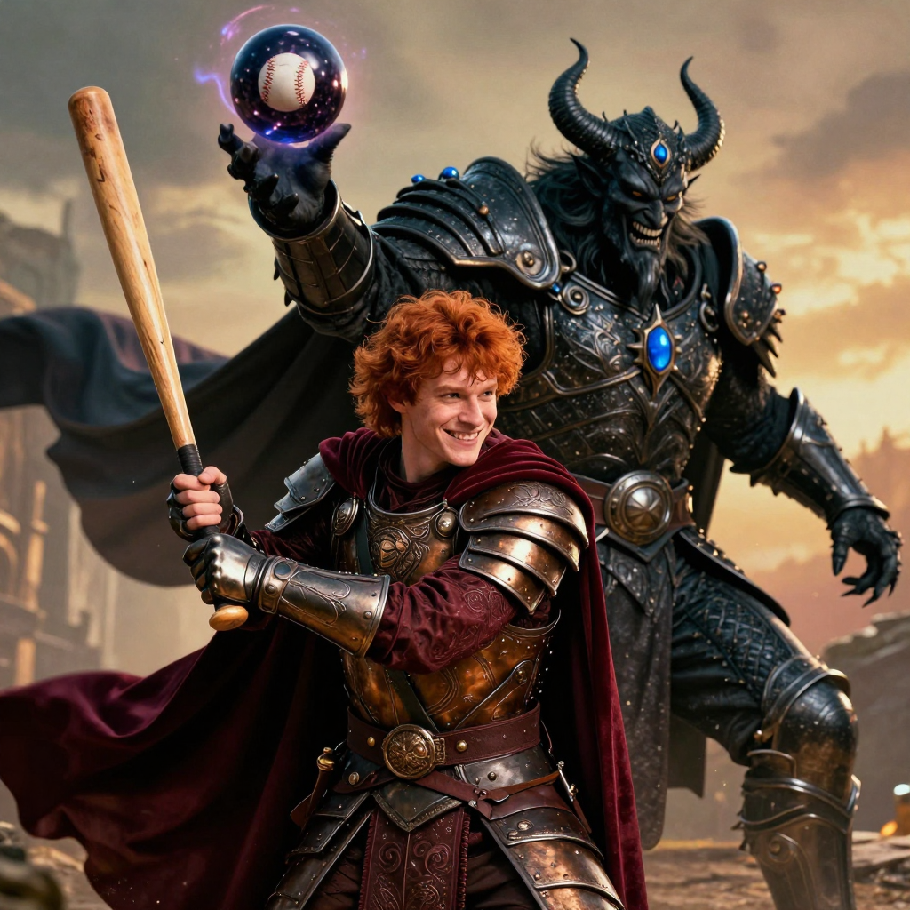 Fantasy Knight Facing Off Against Demon with Magical Baseball
