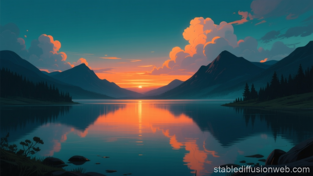 Fantasy Lake at Twilight with Mountain Reflections