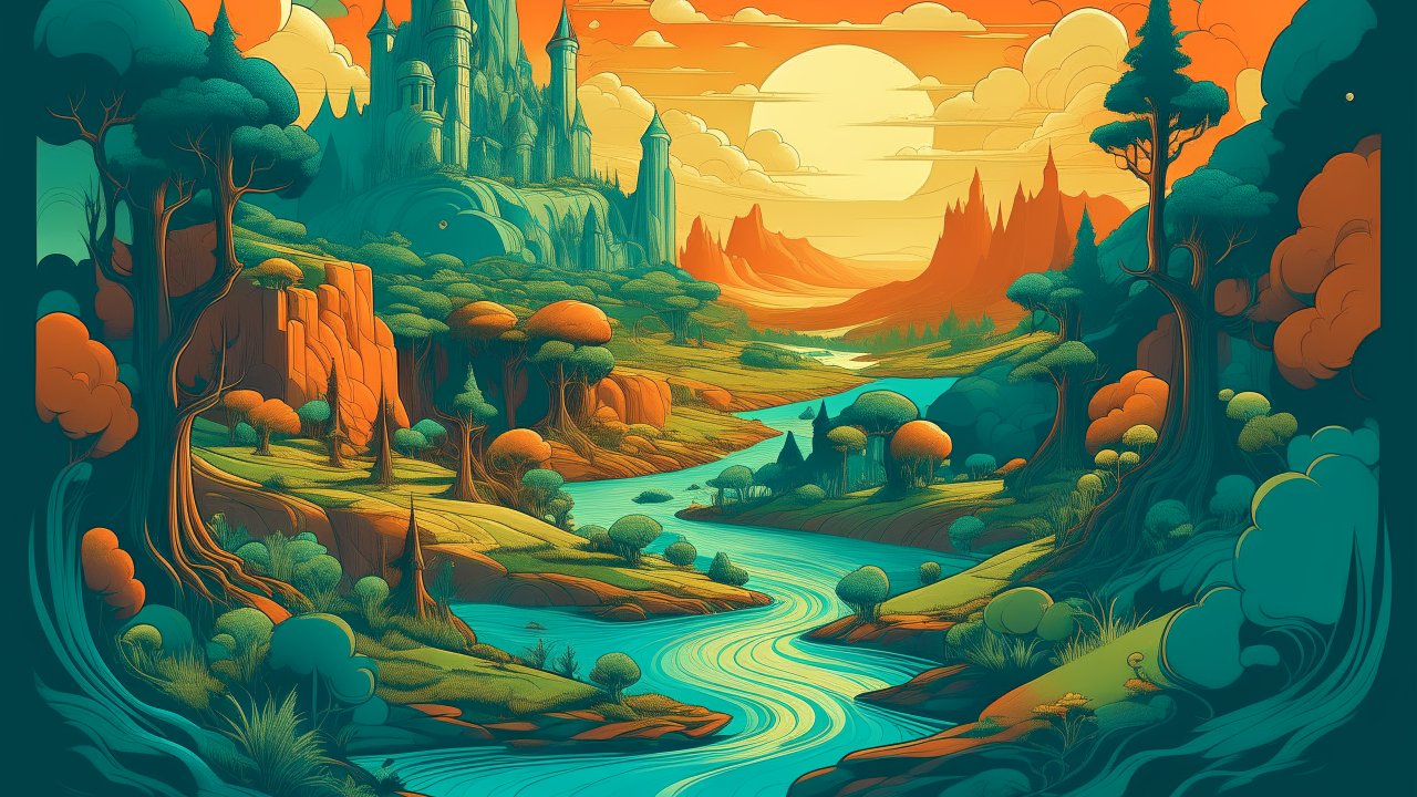 Fantasy Landscape with Castle and Flowing River at Sunset