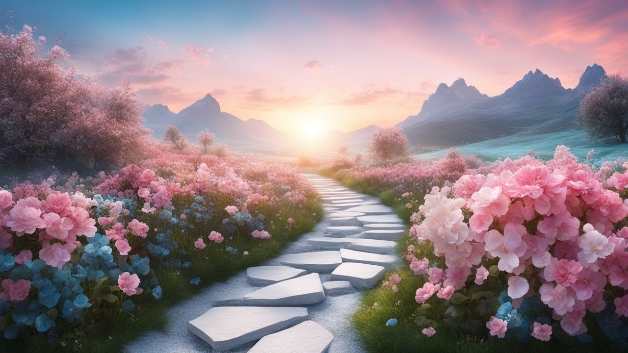 Fantasy Landscape with Stone Path and Blossoming Flowers at Sunrise
