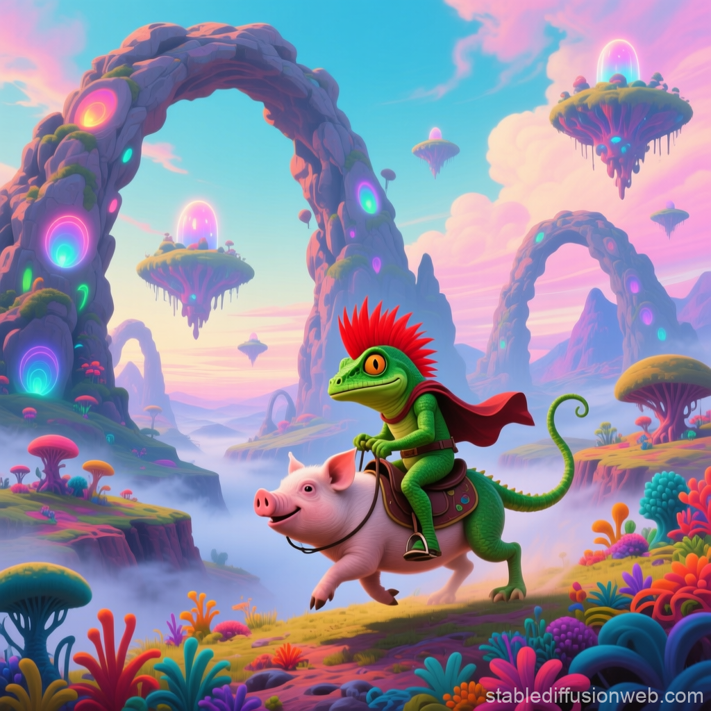 Fantasy Lizard Rider on Pig in Vibrant Surreal Landscape