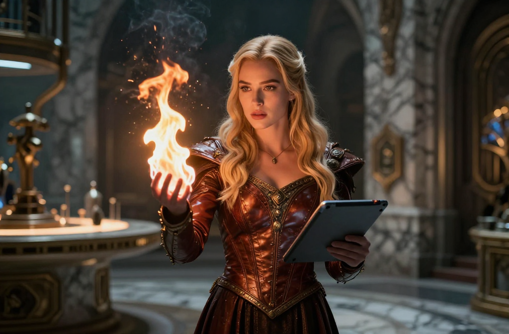 Fantasy Mage Holding Fireball and Tablet in Ancient Hall