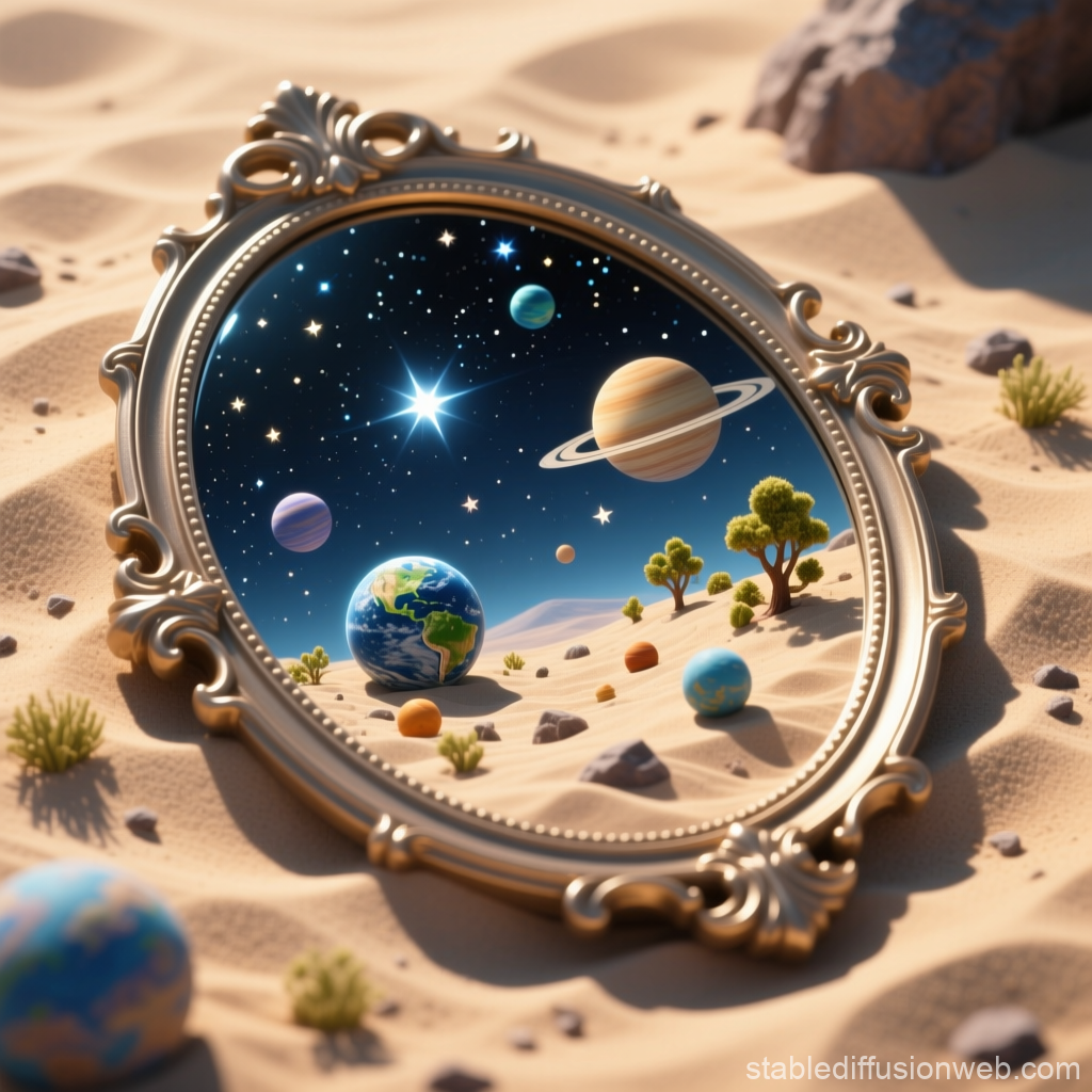 Fantasy Mirror Reflecting a Miniature Solar System in Desert Sand