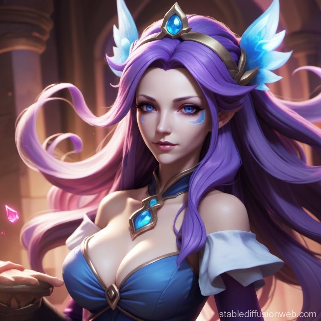 Fantasy Portrait of a Purple-Haired Sorceress with Glowing Blue Gems