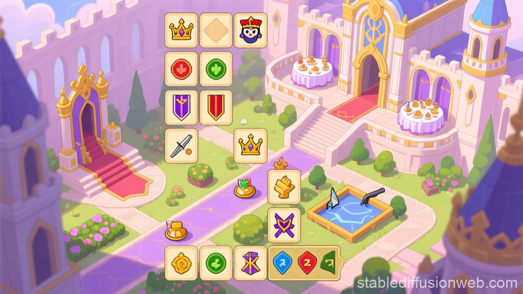 Fantasy Royal Board Game Interface in Castle Courtyard