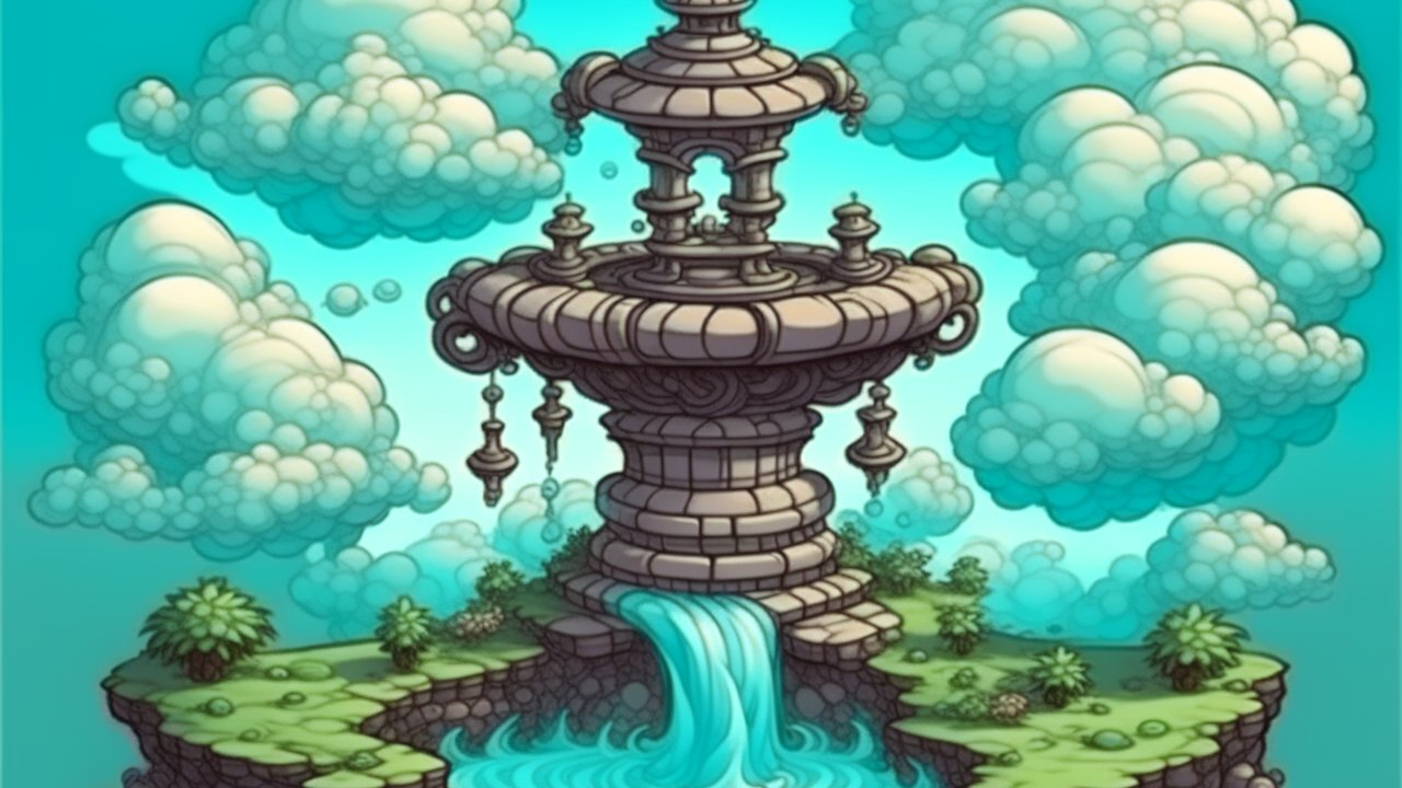 Fantasy Stone Fountain with Flowing Water and Floating Clouds