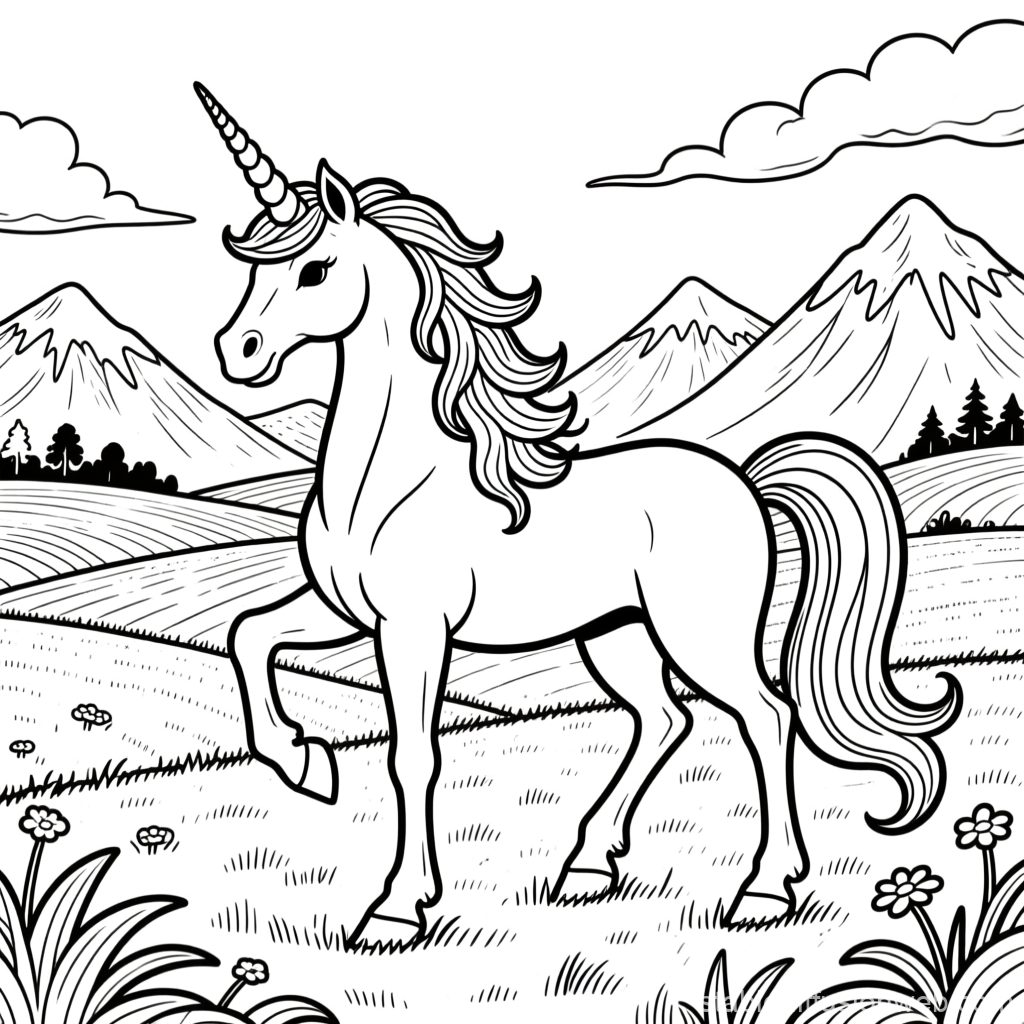 Fantasy Unicorn Coloring Page with Mountain Landscape