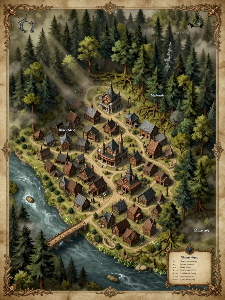Fantasy Village Map with Dense Forest and River