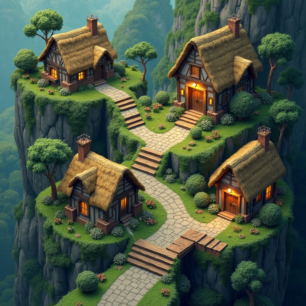 Fantasy Village on Cliffside Plateaus with Cozy Cottages
