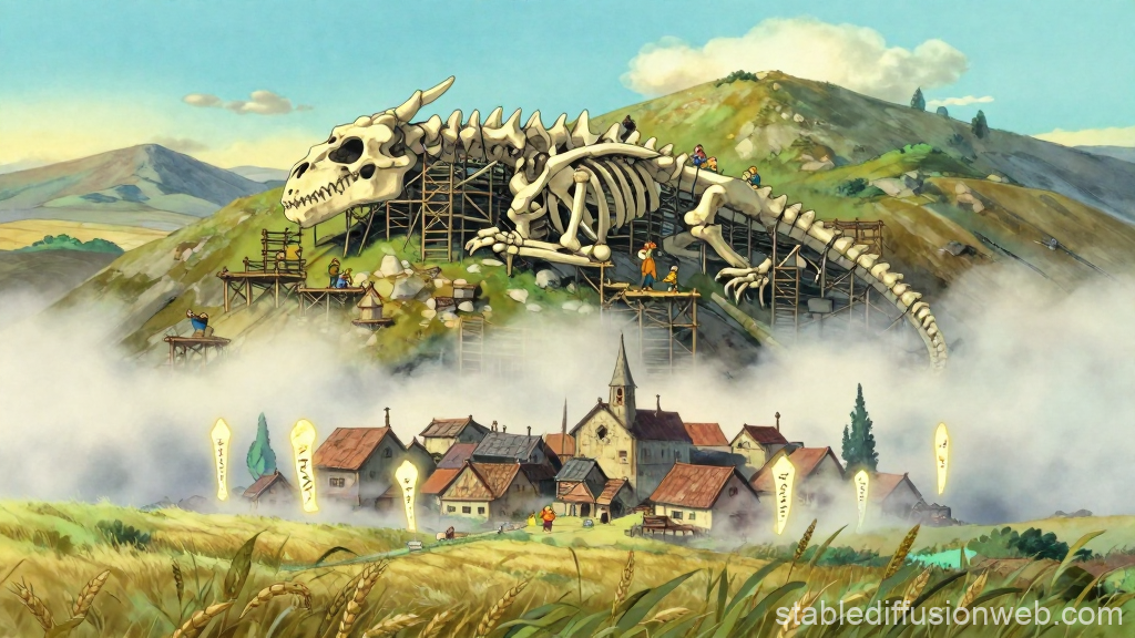Fantasy Village with Giant Dragon Skeleton on Hillside