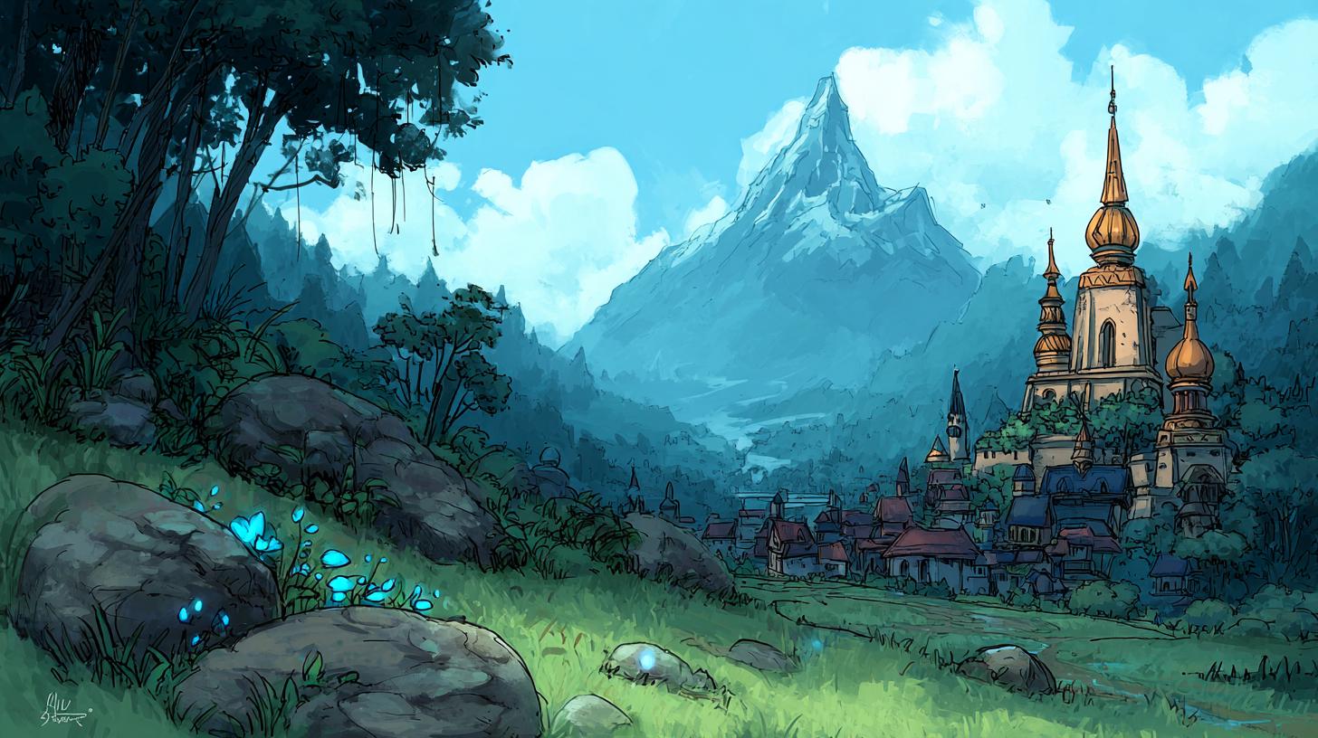 Fantasy Village with Majestic Mountain and Glowing Flora