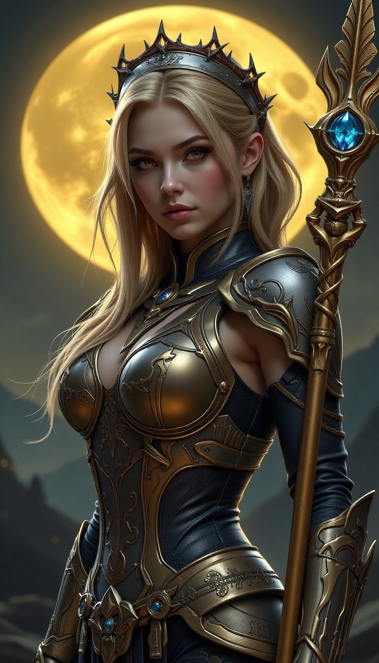 Fantasy Warrior Queen with Golden Armor and Moonlit Background
