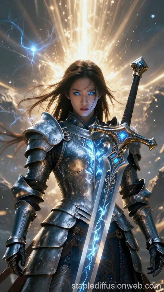 Fantasy Warrior Woman with Glowing Blue Sword