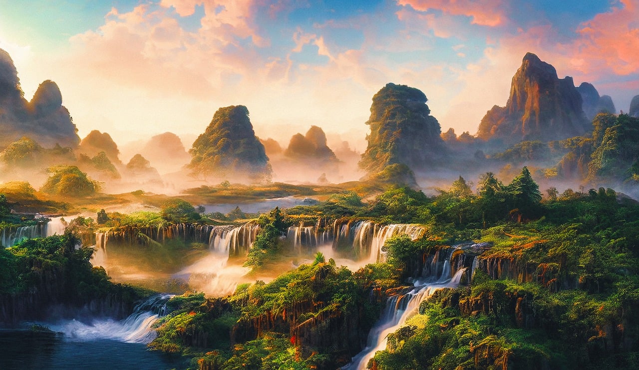 Fantasy Waterfall Landscape with Misty Mountains at Sunset