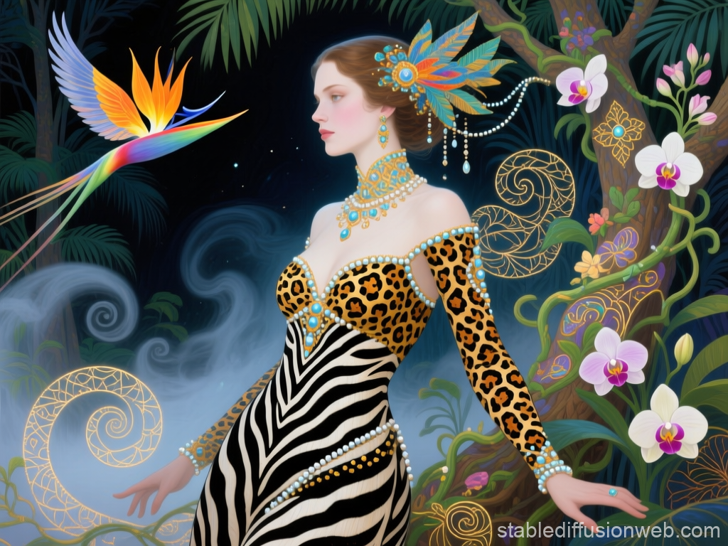 Fantasy Woman in Klimt-Inspired Ornate Jungle Scene