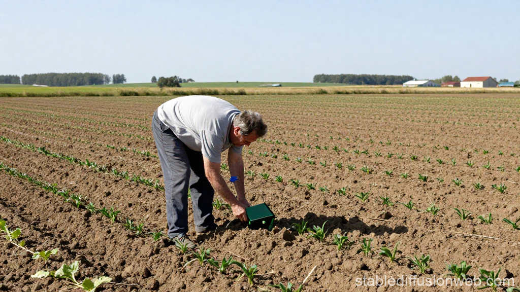 Farmer Inspecting Young Crops in a Large Agricultural Field