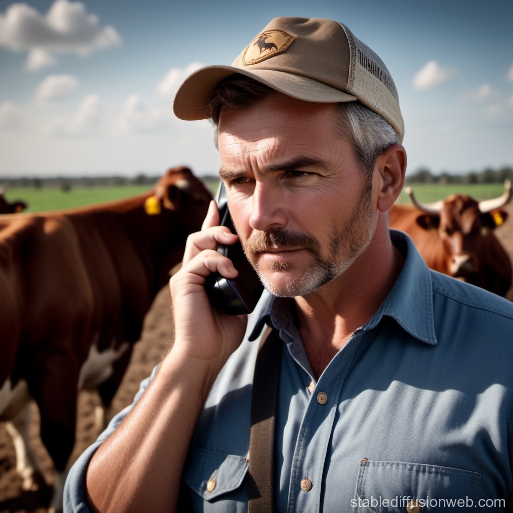 Farmer Talking on Phone in Cattle Field