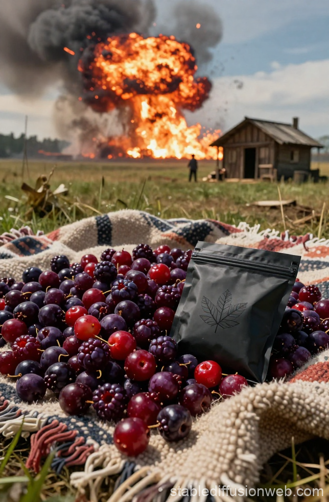 Farmer Watching Explosion Behind Fresh Berries and Packaged Product