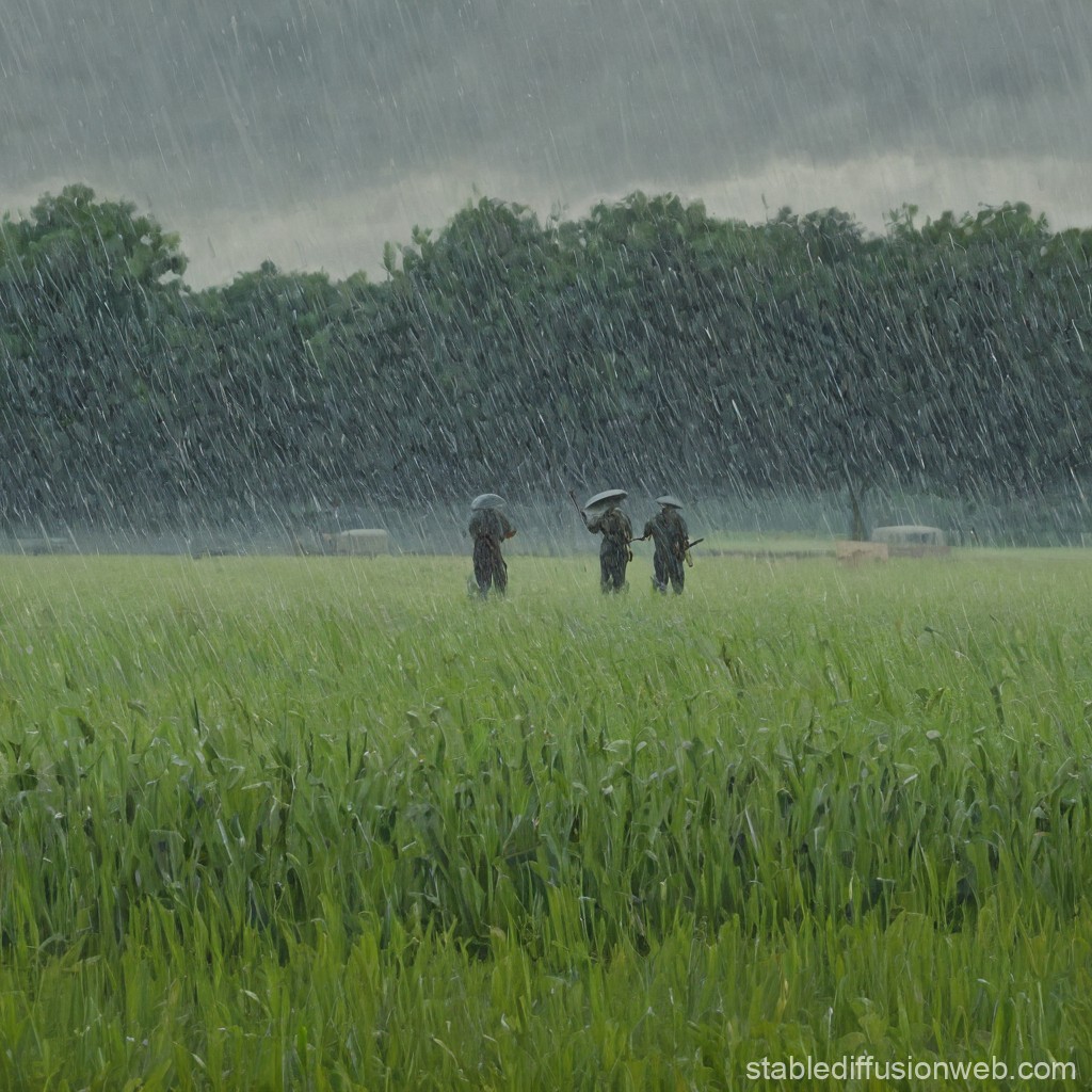 Farmers Walking Through Rainy Field with Umbrellas