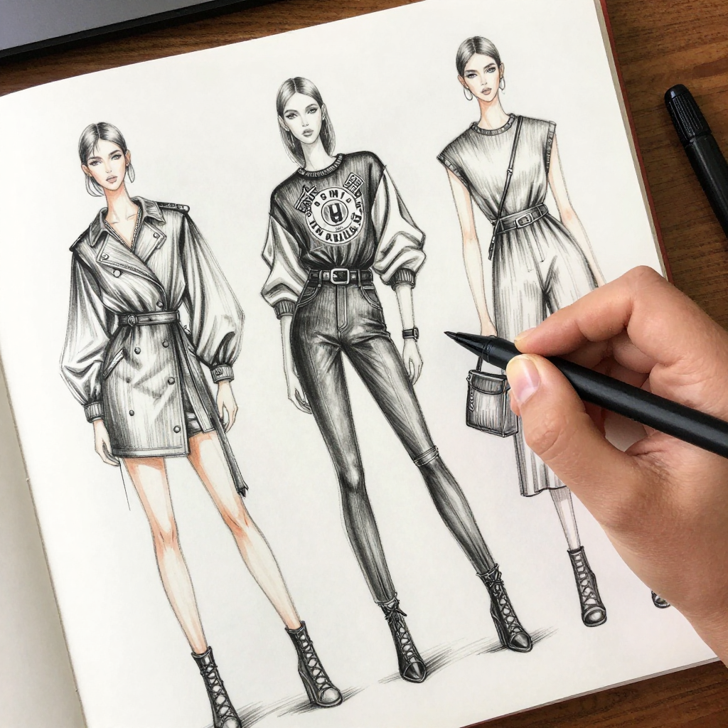 Fashion Illustration Sketches of Three Stylish Women
