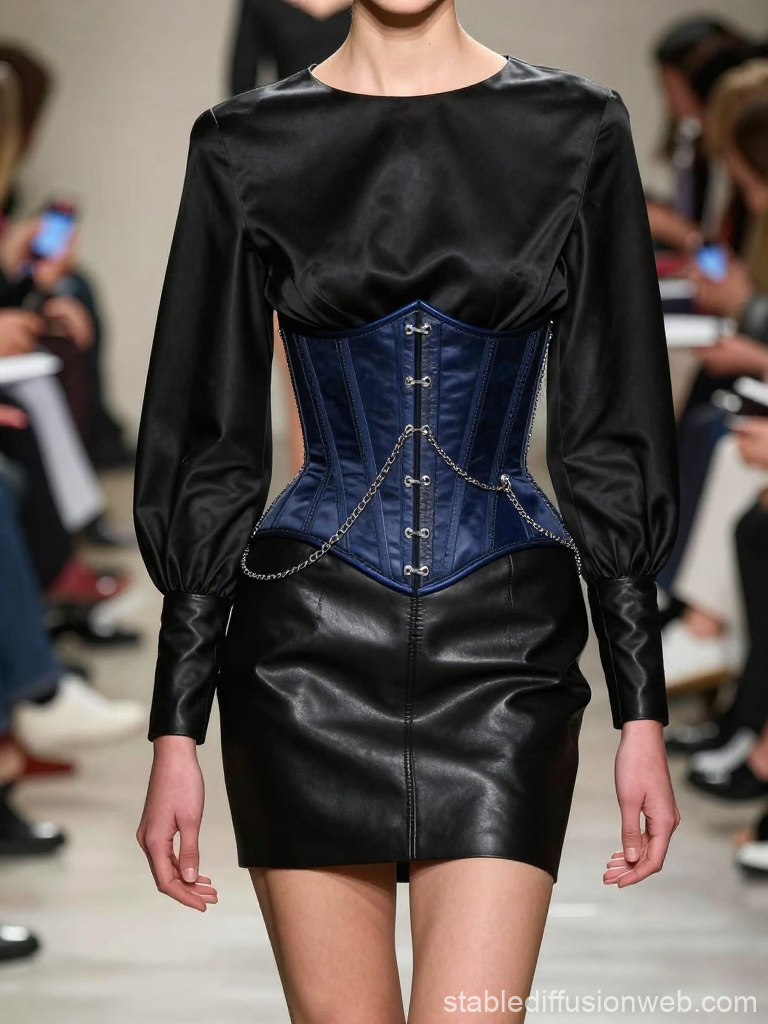 Fashion Model Wearing Black Satin and Leather Outfit with Blue Corset