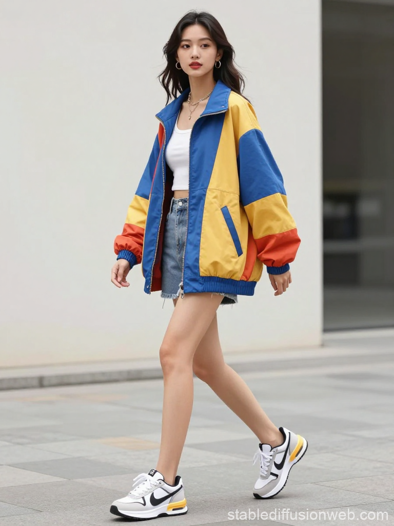 Fashionable Woman Walking in Colorful Casual Jacket