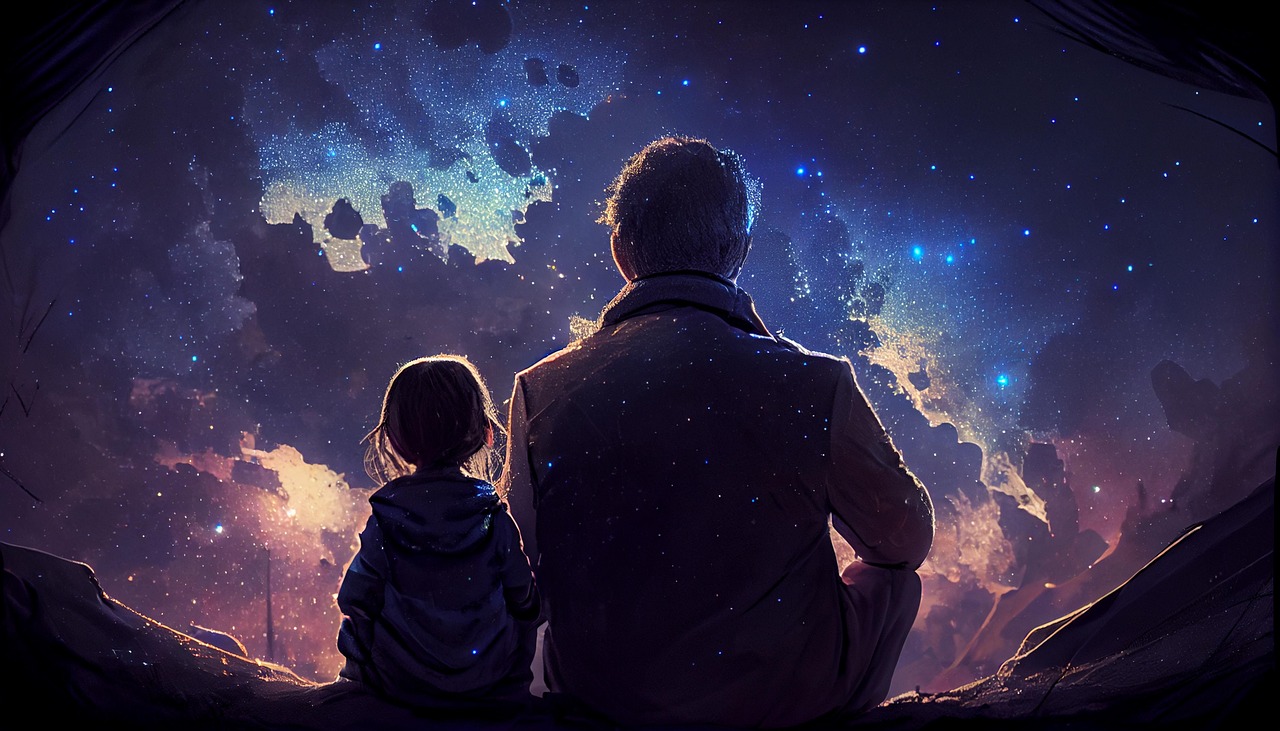 Father and Daughter Stargazing in a Cosmic Night