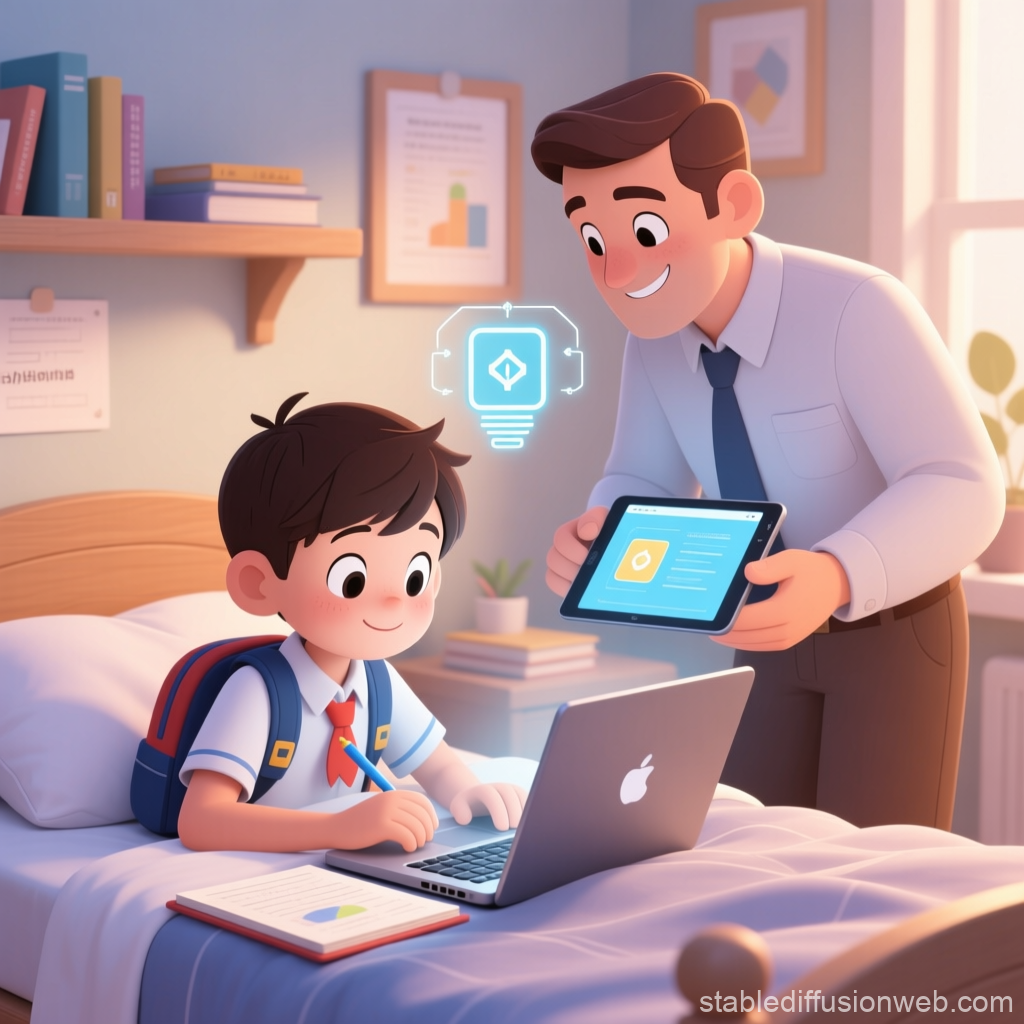 Father Helping Son with Homework Using Laptop and Tablet