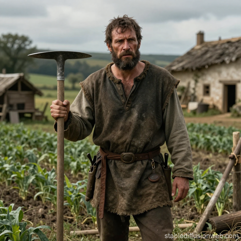 Fatigued Medieval Farmer Standing in Field with Hoe
