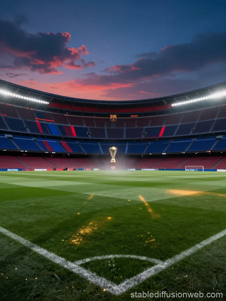 FC Barcelona Stadium with Glowing Trophy at Sunset