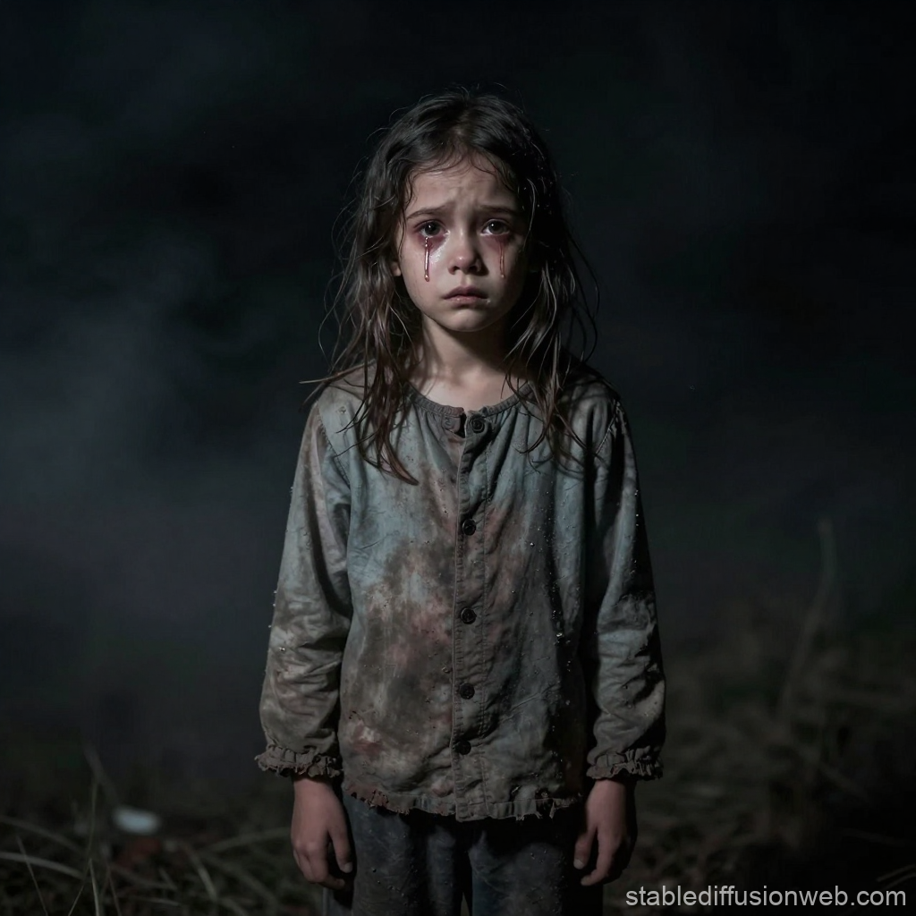 Fearful Young Girl Crying in the Dark