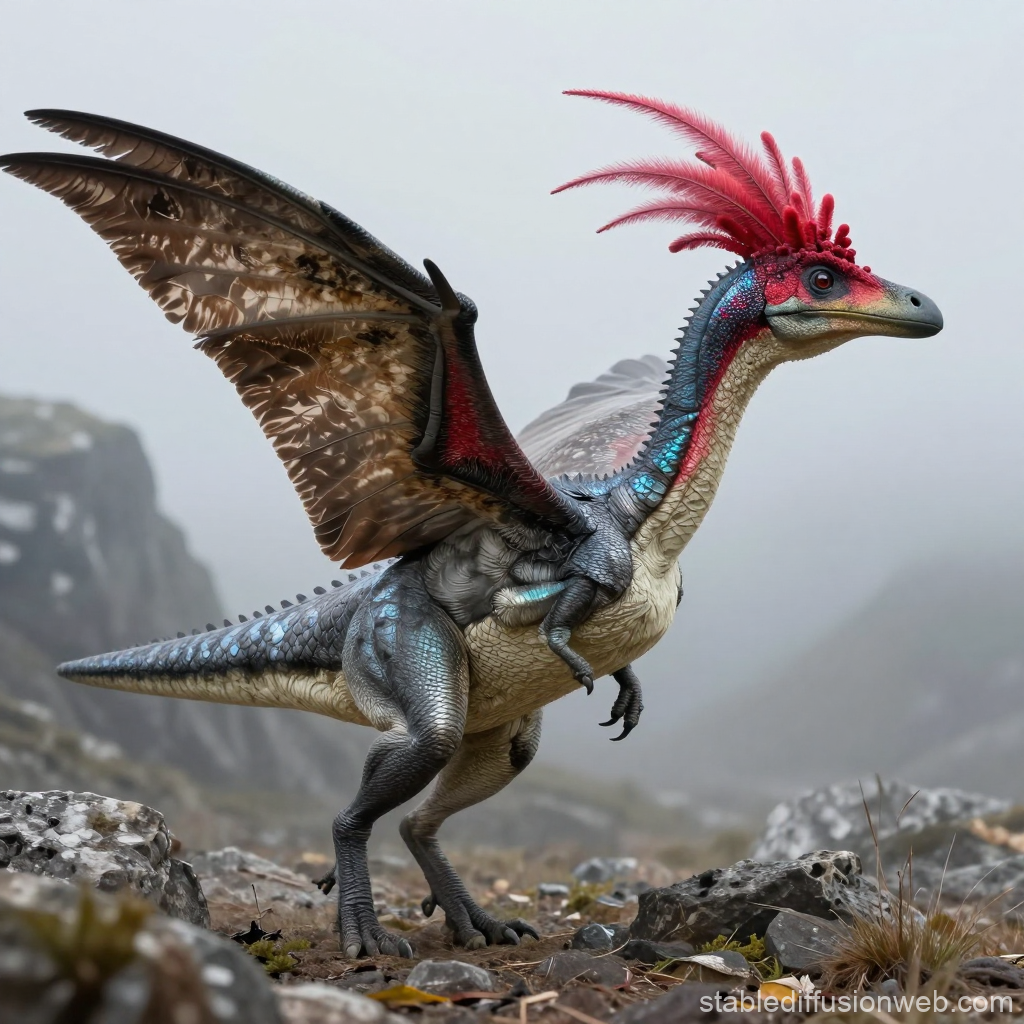 Feathered Pterosaur in Misty Mountain Landscape