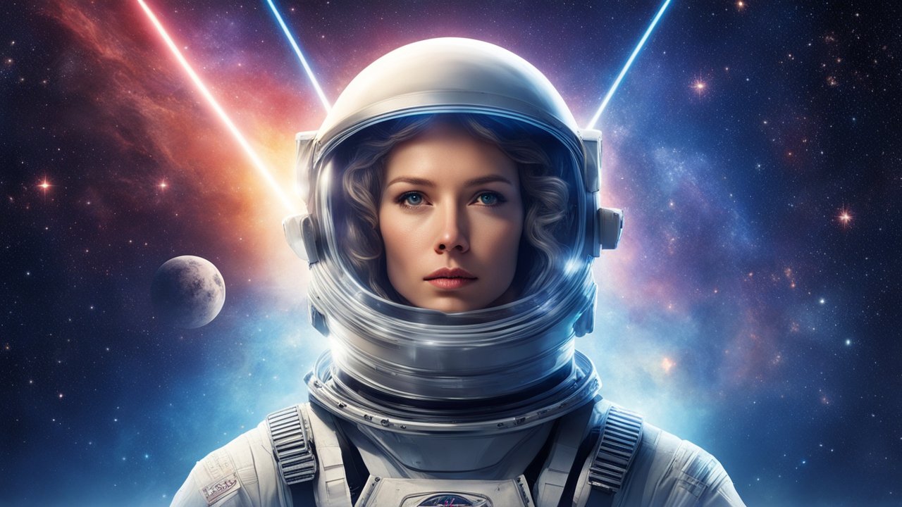 Female Astronaut in Space with Cosmic Background