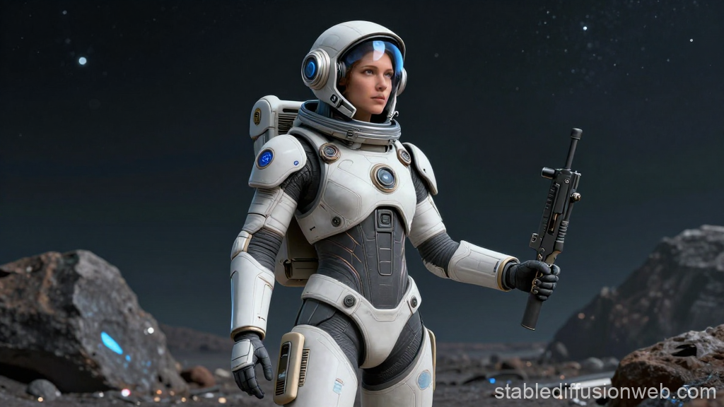 Female Astronaut Standing on an Asteroid with Futuristic Weapon