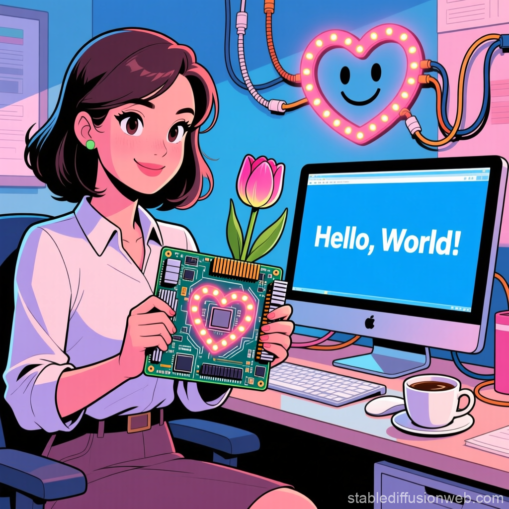 Female Computerist Holding Heart-Illuminated Motherboard