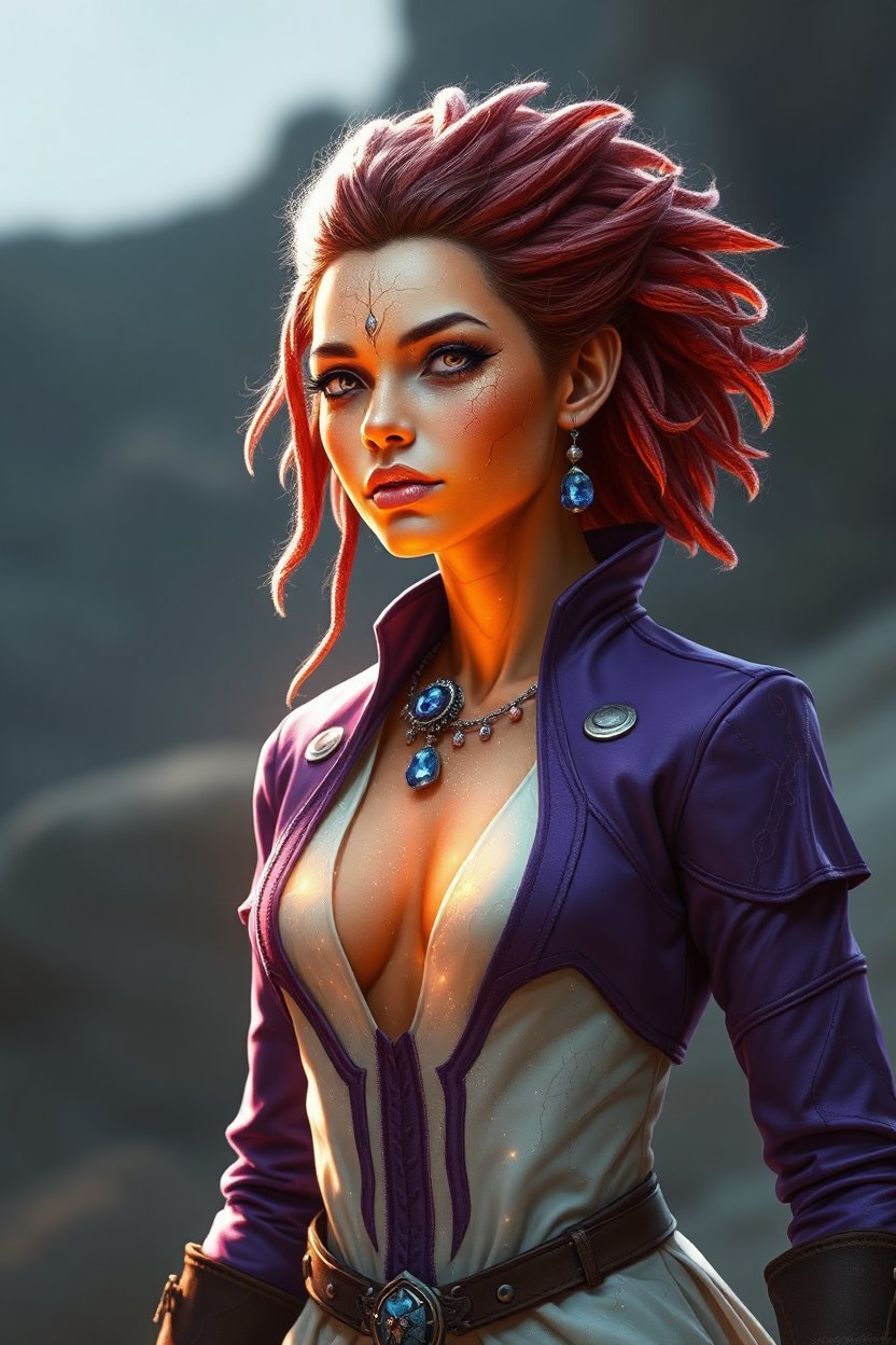 Female Earth Genasi with Fiery Red Hair and Blue Gemstones
