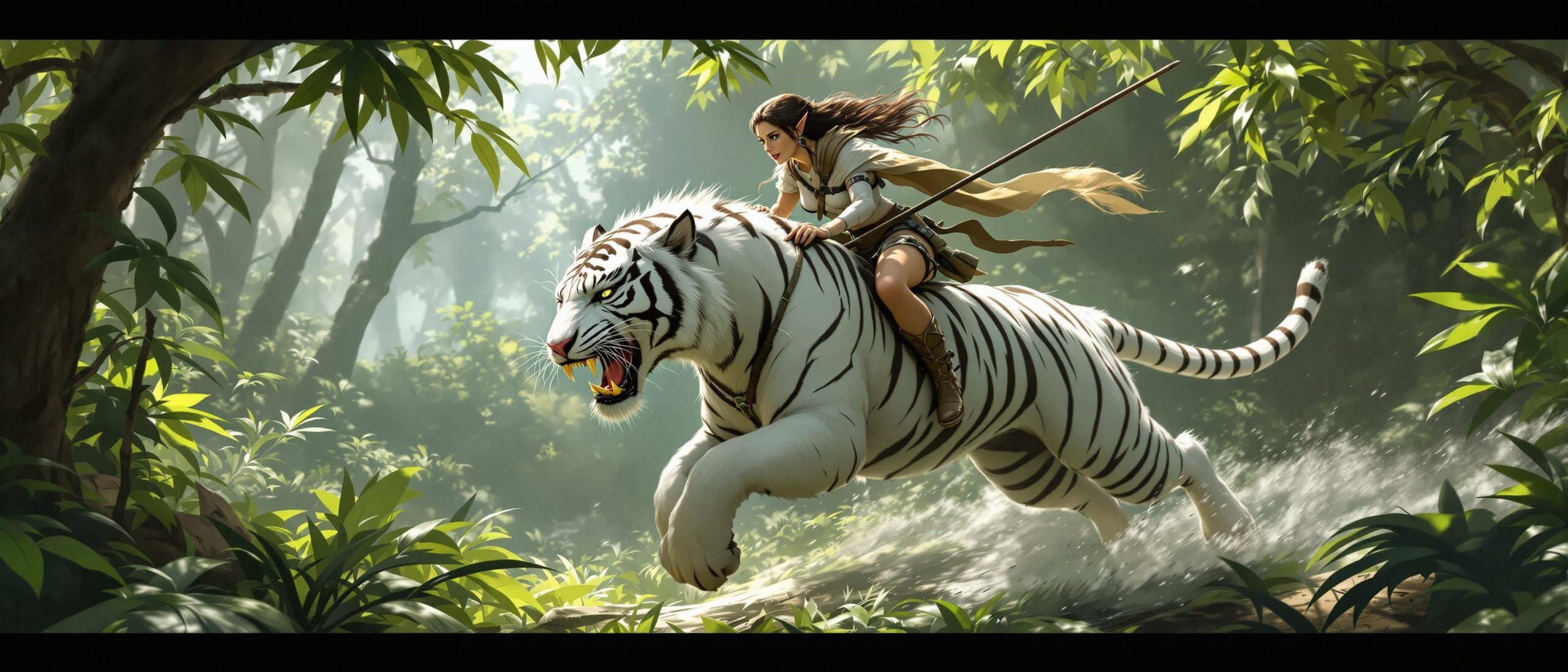 Female Elf Hunter Riding a White Tiger Through the Forest