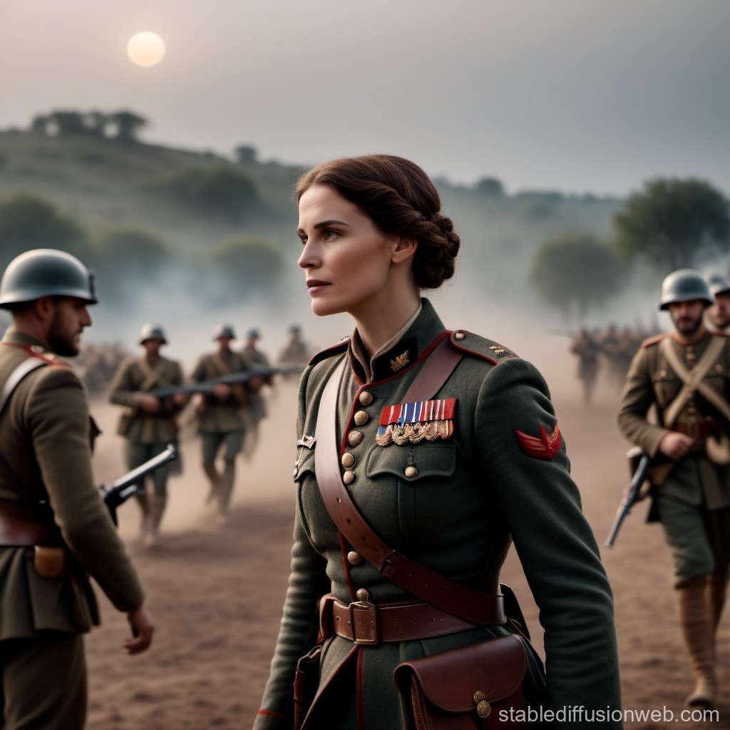 Female Military Officer Leading Troops in Historical Battlefield
