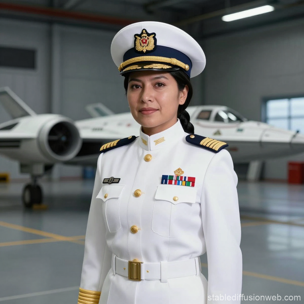 Female Naval Officer in White Uniform Standing in Hangar
