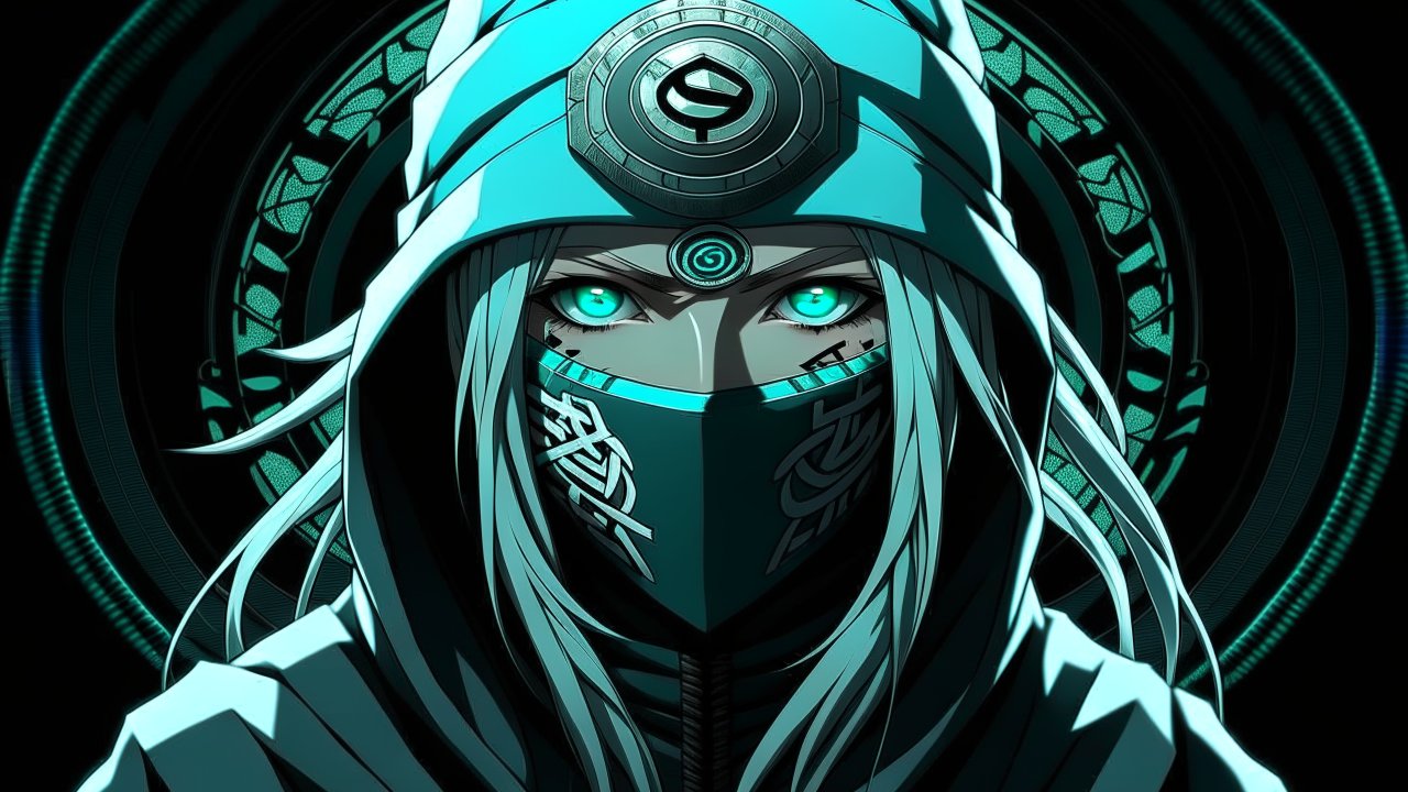 Female Shinobi with Oni Mask and Glowing Eyes
