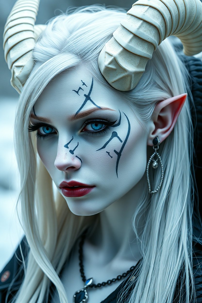 Female Tiefling with Snow White Skin and Blue Eyes