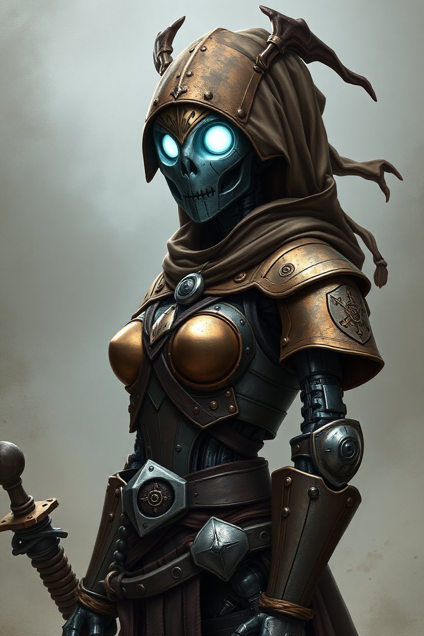 Female Warforged Robotic Pirate in Armor with Glowing Eyes