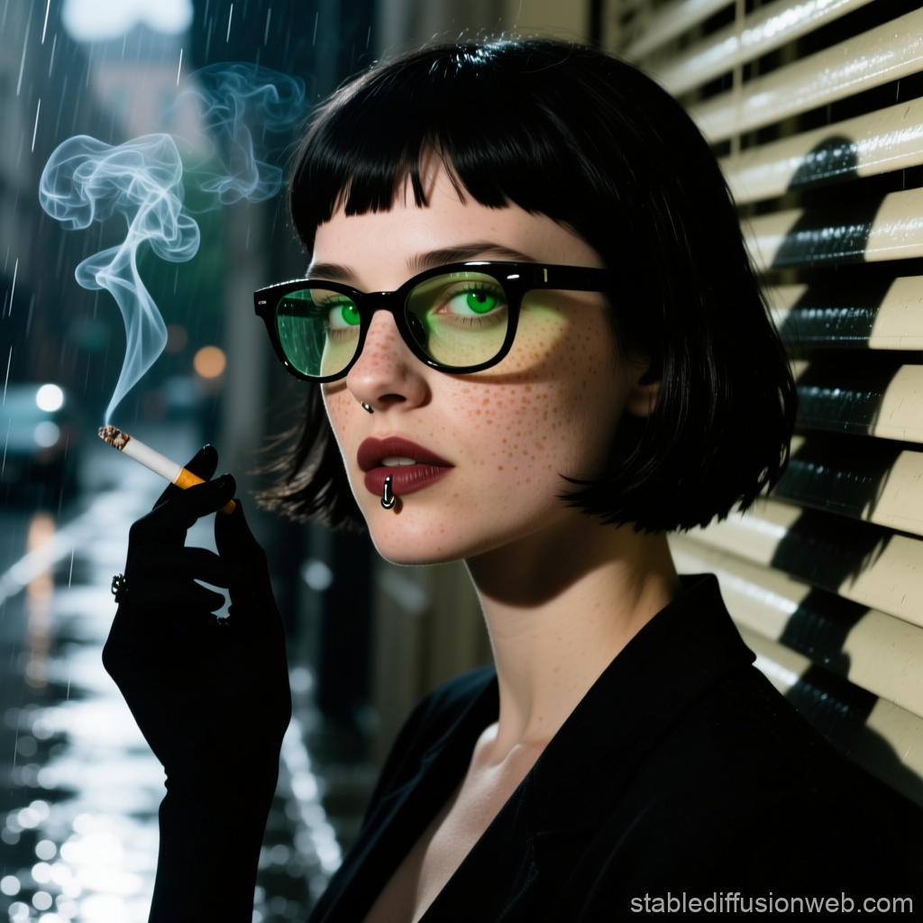 Feminine Portrait with Black Hair and Green Glasses Smoking